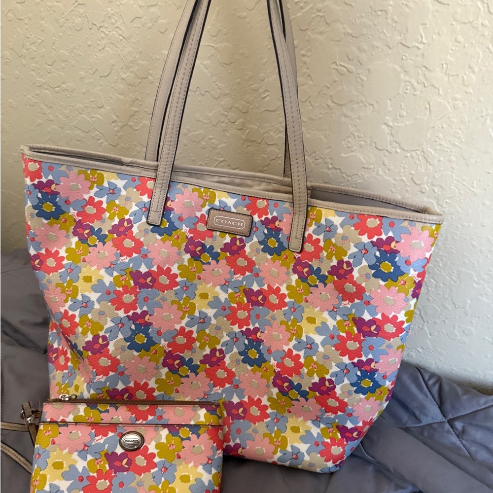 Coach Pink and Yellow Floral Tote Bag